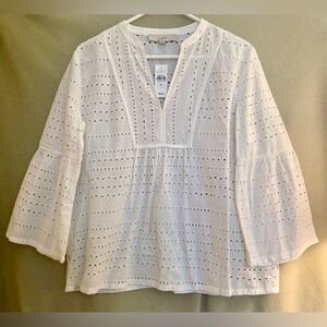 LOFT NWT White 100% Cotton Eyelet V-Neck Bell Sleeve Blouse Size M